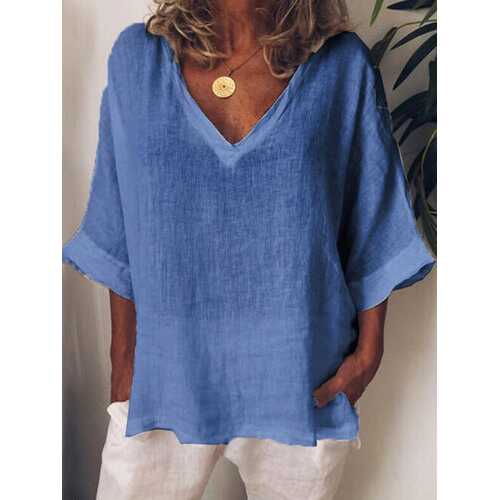 Solid Color V-neck Loose Blouse