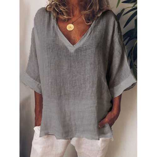 Solid Color V-neck Loose Blouse