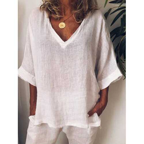 Solid Color V-neck Loose Blouse