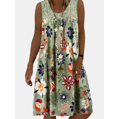 Flower Printed Lace Patchwork Dress