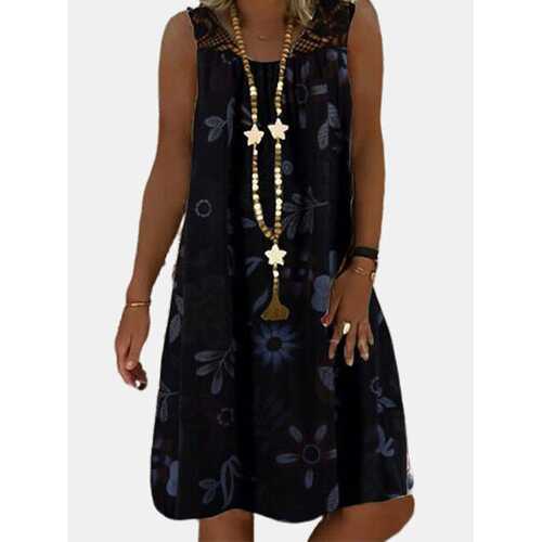 Flower Printed Lace Patchwork Dress
