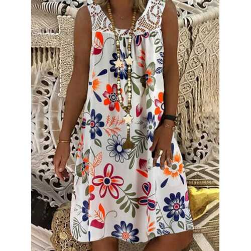 Flower Printed Lace Patchwork Dress