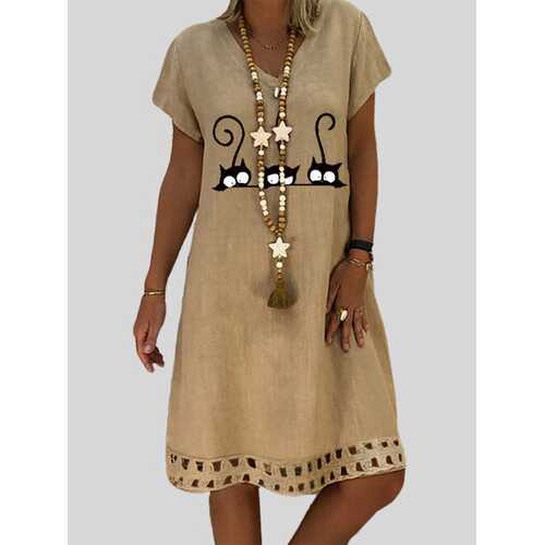 Cartoon Cat Printed Midi Dress