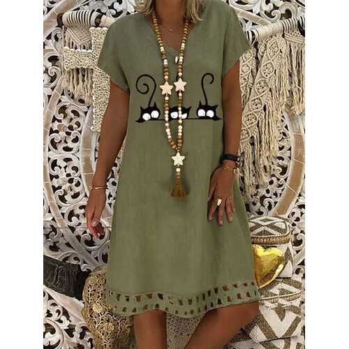 Cartoon Cat Printed Midi Dress