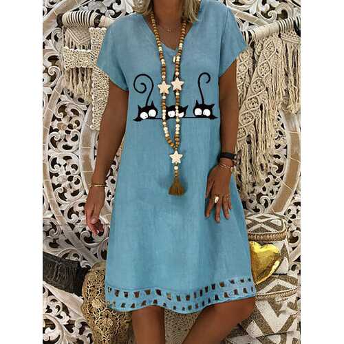 Cartoon Cat Printed Midi Dress