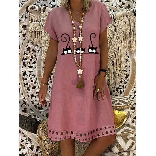 Cartoon Cat Printed Midi Dress
