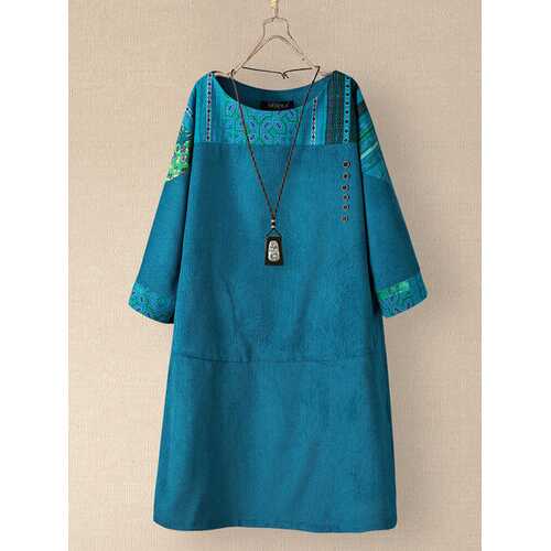 Corduroy Patched Print Pockets Dress