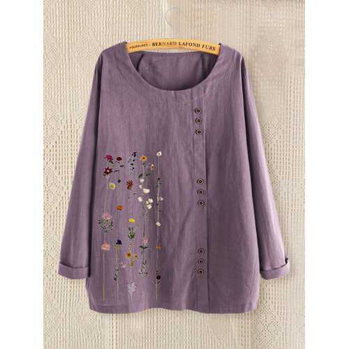 Floral Printed O-Neck Button Blouse