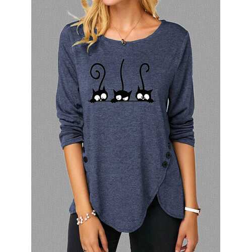 Cartoon Cat Printed Asymmetrical Blouse