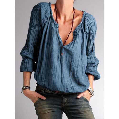 Solid Color Ruffled Button Blouse