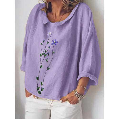 Flower Embroidery Doll Collar Blouse