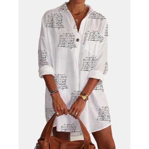 Letters Printed Turn-down Collar Long Blouse