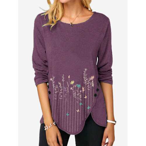 Floral Embroidery O-neck Blouse