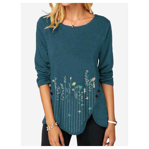 Floral Embroidery O-neck Blouse