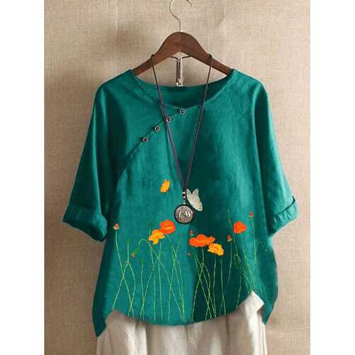Flower Embroidery O-neck Blouse