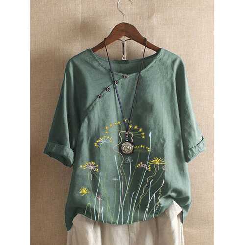 Floral Embroidery Button Blouse