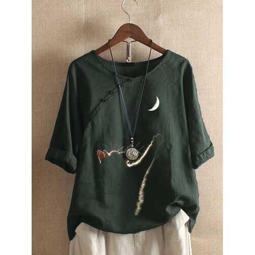 Cat Print Button Half Sleeve Blouse