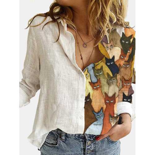 Cartoon Cat Printed Patchwork Blouse