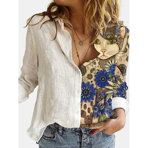 Cartoon Cat Printed Patchwork Blouse