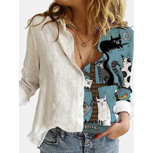 Cartoon Cat Printed Patchwork Blouse