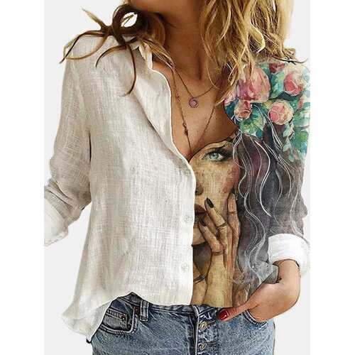 Cartoon Printed Patchwork Lapel Blouse