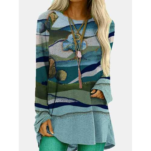 Landscape Prints O-neck Loose Blouse