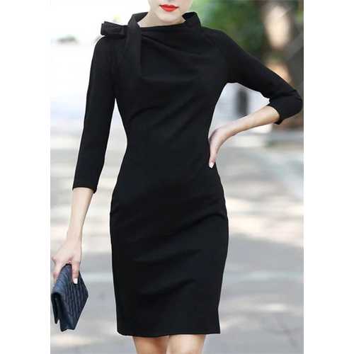 Turtleneck And Knot Decorated Elegant Midi Dress With Zip At Back