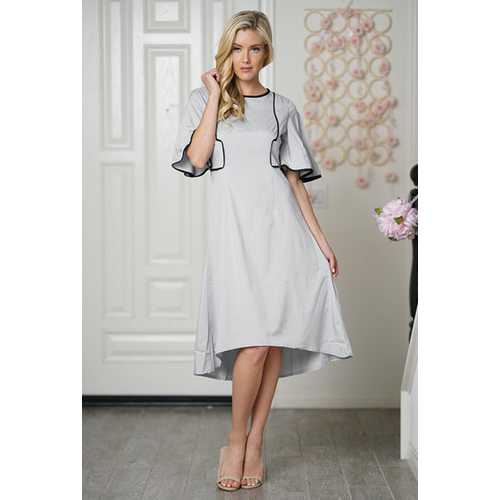 Women O-neck Midi Dress With Frill Sleeve