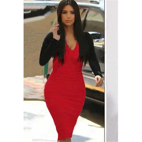Sexy Colors Collision V Neck Long-sleeve Midi Dress Red and Black