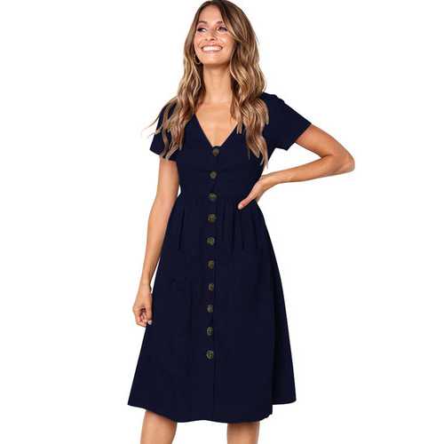 Uhnice Women V-neck with Button Pocket Summer Short-sleeved Midi Dress Dark Blue