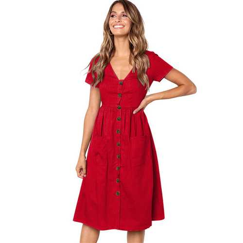 Uhnice Women V-neck with Button Pocket Summer Short-sleeved Midi Dress Red