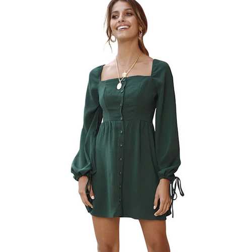 Square Collar Buttoned Cuff Tie Dress  Midi Dress Dark  Green