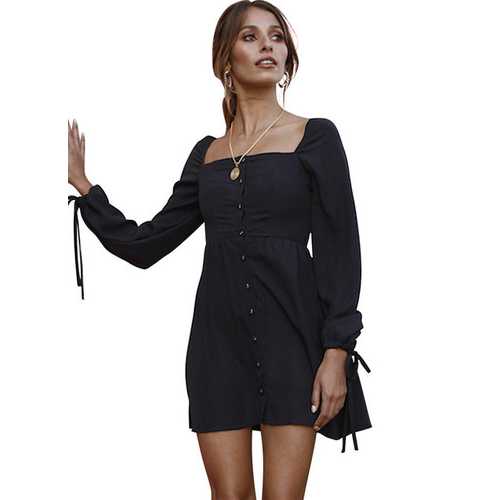 women  Square Collar Buttoned Cuff Tie Dress  Midi Dress  Black