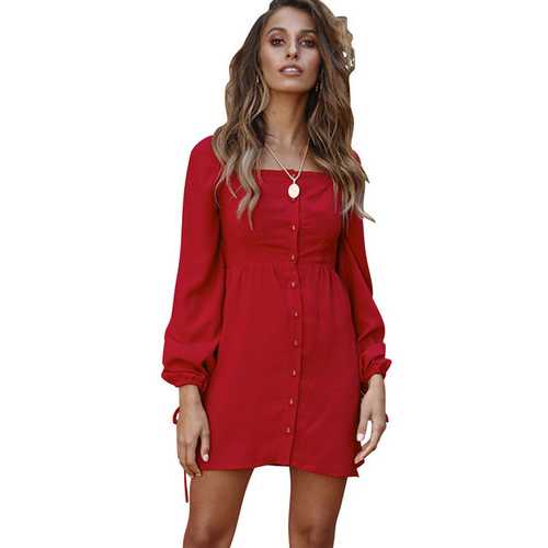 Square Collar Buttoned Cuff Tie Dress  Midi Dress  Red