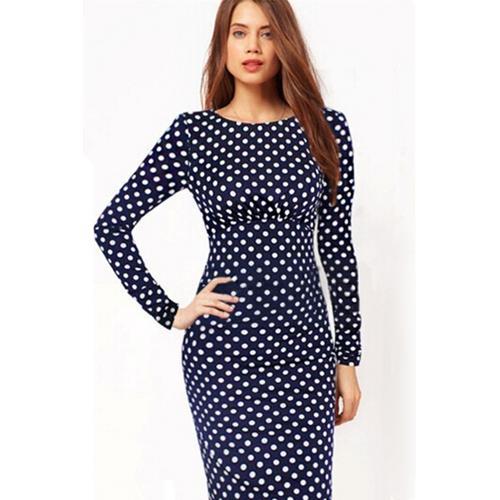 Elegant Women's White Polka Dot Pencil Midi Dress Sapphire Blue