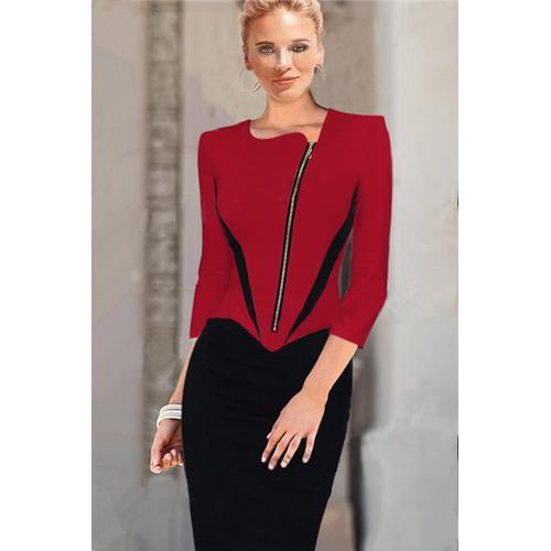 Office Lady Style Hot Sale V Neck Zipper Front Fitted Bodycon Midi Dress Dark Red Black