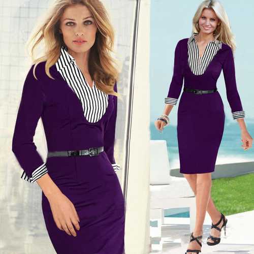 Faux twinset design stripe Neck Midi Dress Purple