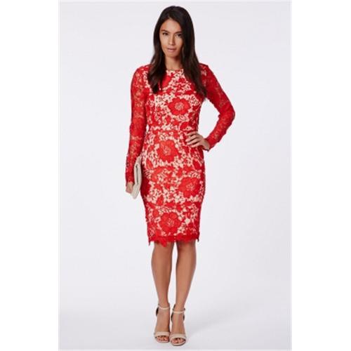 Lace winter women sexy midi club dress red