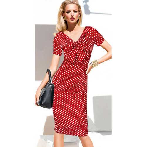Wholesale Women Elegant Dot V-Neck Bowknot Midi Dress Red & White