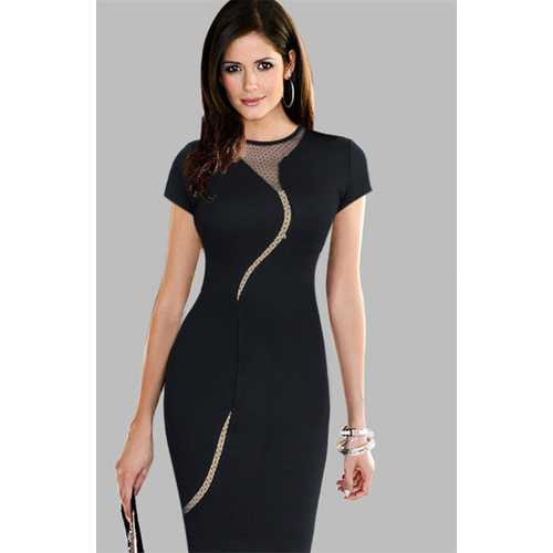 Black O-Neck Women Midi Dress