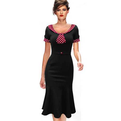 Women Retro Dots Neck Fishtail Midi Dress Black