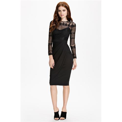 Black Lace Splice Pleated Women Midi Dress