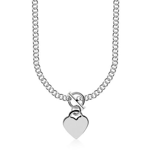 Sterling Silver Rhodium Plated Rolo Chain Necklace with a Heart Toggle Charm, size 16''