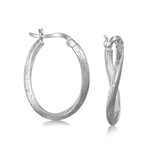 Sterling Silver Rhodium Plated Twist Oval Hoop Earrings with Texture