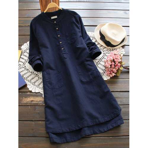 Vintage Pure Color Shirt Dresses